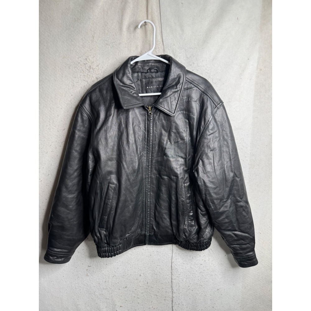 Baracuta Mens Black Leather Bomber Jacket Full Zip Coat Size Large RN 77219